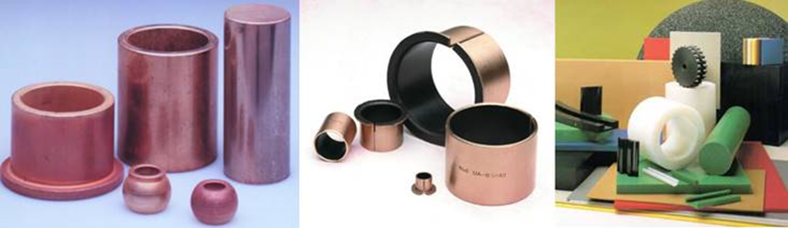 Ejemplos de cojinetes de bronce, de metal con teflón y de polímero